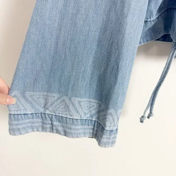 CLOTH & STONE Wrap Crop Top Large Blue Denim Tie Long Flared Sleeve Aztec - Picture 3 of 10